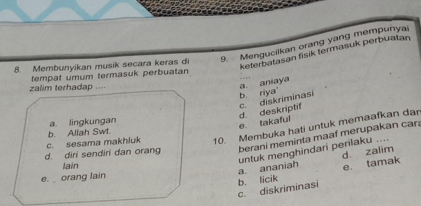 Membunyikan musik secara keras di 9. Mengucilkan orang yang mempunyai
keterbatasan fisik termasuk perbuatan
tempat umum termasuk perbuatan
zalim terhadap ....
a. aniaya
b. riya' c. diskriminasi
a. lingkungan
e. takaful d. deskriptif
10. Membuka hati untuk memaafkan dar
b. Allah Swt.
berani meminta maaf merupakan cara
c. sesama makhluk
d. diri sendiri dan orang
d. zalim
lain
a. ananiah untuk menghindari perilaku ....
e. orang lain
b. licik e. tamak
c. diskriminasi