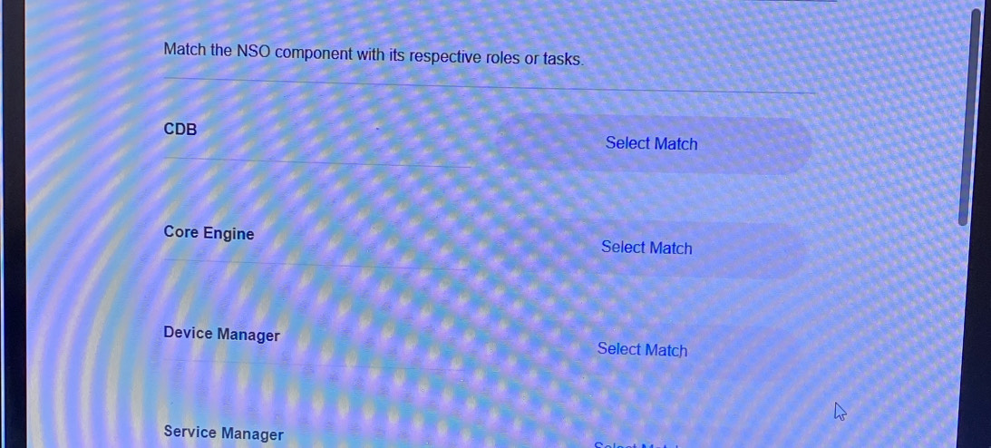 Solved: Match the NSO component with its respective roles or tasks. CDB ...