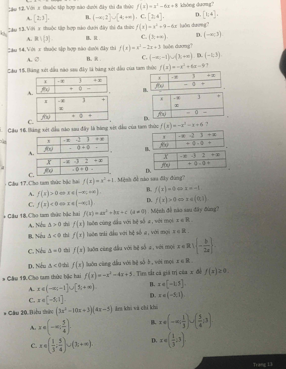 Cầu 12. Với x thuộc tập hợp nào dưới đây thì đa thức f(x)=x^2-6x+8 không dương?
A. [2;3]. (-∈fty ;2]∪ [4;+∈fty ). C. [2;4]. D. [1;4].
B.
Cầu 13. Với x thuộc tập hợp nào dưới đây thì đa thức f(x)=x^2+9-6x luôn dương?
khi R| 3 . (3;+∈fty ). D. (-∈fty ;3).
A. B. R . C.
Cu 14. Với x thuộc tập hợp nào dưới đây thì f(x)=x^2-2x+3 luôn dương?
A.∅. B. R .
C. (-∈fty ;-1)∪ (3;+∈fty ). D. (-1;3).
Cầu 15. Bảng xét dấu nào sau đây là bảng xét dấu của tam thức f(x)=-x^2+6x-9 ?
A
 
Cầu 16. Bảng xét dấu nào sau đây là bảng xét dấu của tam thức f(x)=-x^2-x+6 ?
cùn 
a
Câu 17.Cho tam thức bậc hai f(x)=x^2+1 Mệnh đề nào sau đây đúng?
A. f(x)>0Leftrightarrow x∈ (-∈fty ;+∈fty ).
B. f(x)=0Leftrightarrow x=-1.
C. f(x)<0</tex> x∈ (-∈fty ;1).
D. f(x)>0Leftrightarrow x∈ (0;1).
Câu 18.Cho tam thức bậc hai f(x)=ax^2+bx+c(a!= 0). Mệnh đề nào sau đây đúng?
A. Nếu △ >0 thì f(x) luôn cùng dấu với hệ số a, với mọi x∈ R.
B. Nếu △ <0</tex> thì f(x) luôn trái dấu với hệ số a, với mọi x∈ R.
C. Nếu △ =0 thì f(x) luôn cùng dấu với hệ số a, với mọi x∈ R| - b/2a  .
D. Nếu △ <0</tex> thì f(x) luôn cùng dấu với hệ số b, với mọi x∈ R.
* Câu 19.Cho tam thức bậc hai f(x)=-x^2-4x+5. Tìm tất cả giá trị của x đề f(x)≥ 0.
A. x∈ (-∈fty ;-1]∪ [5;+∈fty ).
B. x∈ [-1;5].
C. x∈ [-5;1].
D. x∈ (-5;1).
» Câu 20.Biểu thức (3x^2-10x+3)(4x-5) âm khi và chỉ khi
A. x∈ (-∈fty ; 5/4 ).
B. x∈ (-∈fty ; 1/3 )∪ ( 5/4 ;3).
C. x∈ ( 1/3 ; 5/4 )∪ (3;+∈fty ).
D. x∈ ( 1/3 ;3).
Trang 13