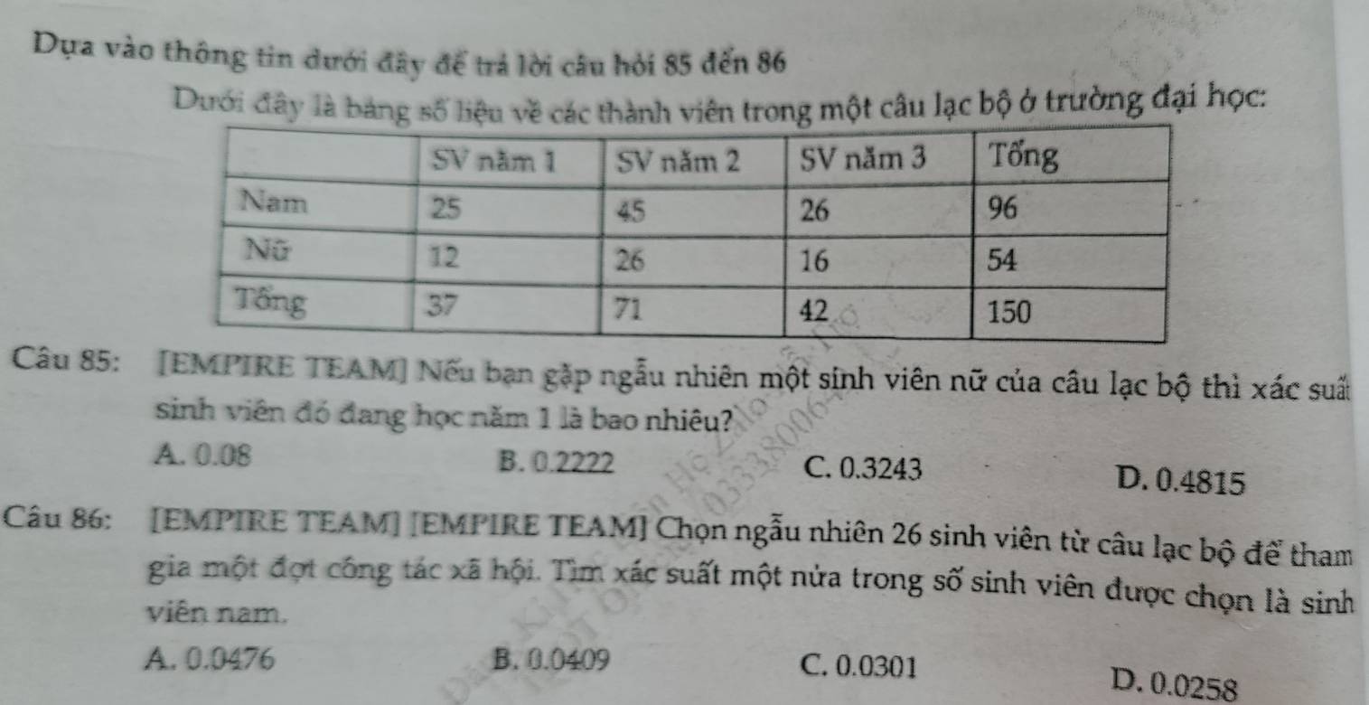 Dựa vào thông tin dưới đây để trả lời câu hỏi 85 đến 86
Dưới đây là bảng số liệu về các thành viên trong một câu lạc bộ ở trường đại học:
Câu 85: [EMPIRE TEAM] Nếu bạn gặp ngẫu nhiên một sinh viên nữ của câu lạc bộ thì xác suất
sinh viên đó đang học năm 1 là bao nhiêu?
A. 0.08 B. 0.2222 C. 0.3243 D. 0.4815
Câu 86: [EMPIRE TEAM] [EMPIRE TEAM] Chọn ngẫu nhiên 26 sinh viên từ câu lạc bộ để tham
gia một đợt công tác xã hội. Tìm xác suất một nửa trong số sinh viên được chọn là sinh
viên nam,
A. 0.0476 B. 0.0409 C. 0.0301
D. 0.0258