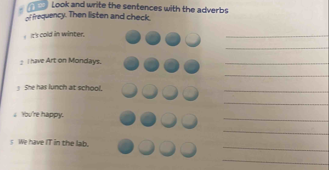 Look and write the sentences with the adverbs 
of frequency. Then listen and check. 
It's cold in winter. 
_ 
_ 
2 I have Art on Mondays. 
_ 
_ 
g She has lunch at school. 
_ 
_ 
_ 
You're happy. 
_ 
_ 
5 We have IT in the lab. 
_