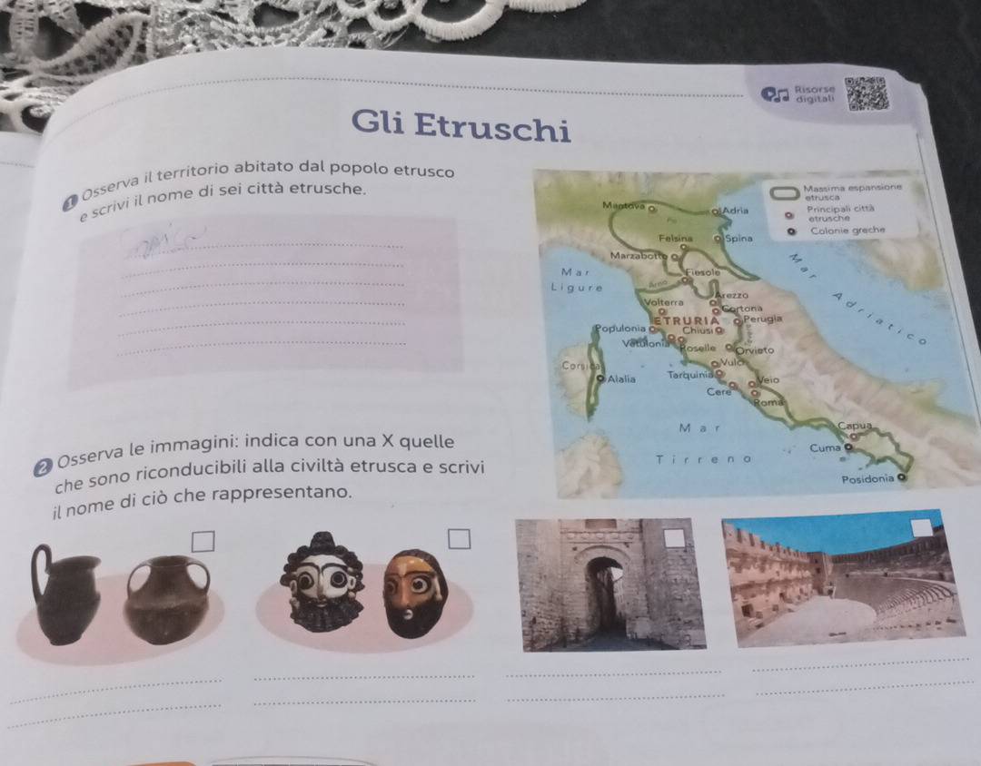 Risorse 
digitali 
Gli Etruschi 
Osserva il territorio abitato dal popolo etrusco 
e scrivi il nome di sei città etrusche. 
_ 
_ 
_ 
_ 
_ 
_ 
Osserva le immagini: indica con una X quelle 
che sono riconducibili alla civiltà etrusca e scrivi 
il nome di ciò che rappresentano. 
_ 
_ 
_ 
_ 
_ 
_ 
_