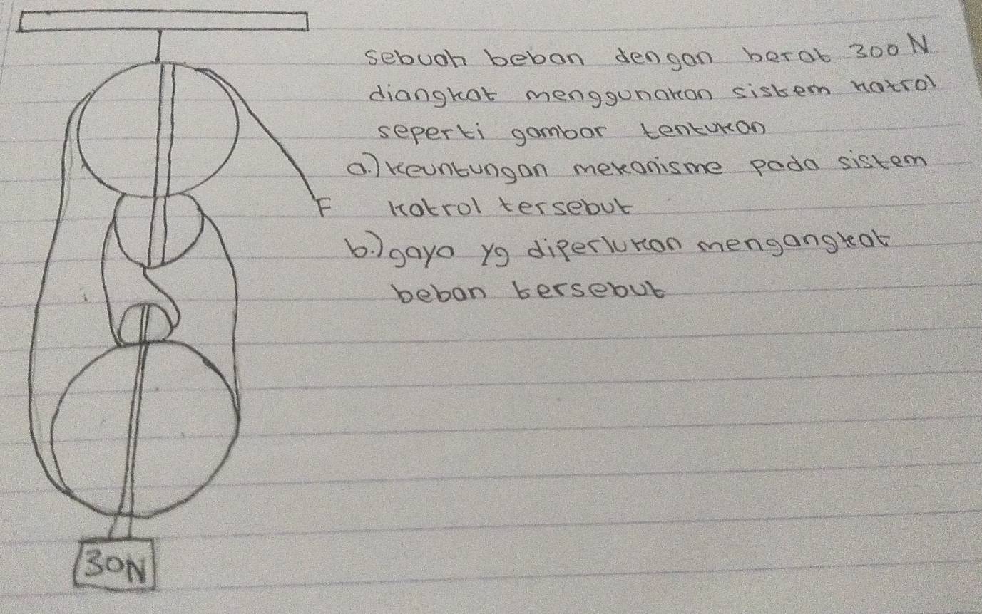 sebuoh bebon dengon berat 300N
diangkot menggunaron sisbem natrol 
seperti gambar tenturon 
. reuntungan meronisme pada sistem 
Hotrol tersebut 
igayo yg diperluron mengangrat 
bebon bersebut