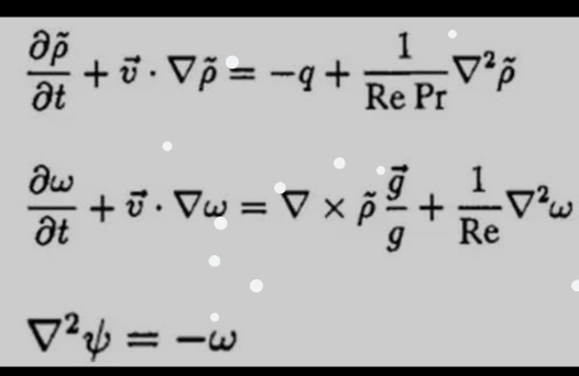 frac partial hat ppartial t+vector v· vector V_P=-q+ 1/RePr V^2hat rho 
 partial omega /partial t +vector v· Vomega =V* hat rho frac vector gg+ 1/Re V^2omega
V^2psi =-omega