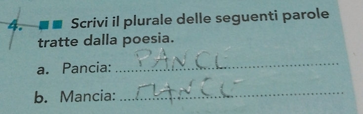 Scrivi il plurale delle seguenti parole 
tratte dalla poesia. 
a. Pancia: 
_ 
b. Mancia: 
_