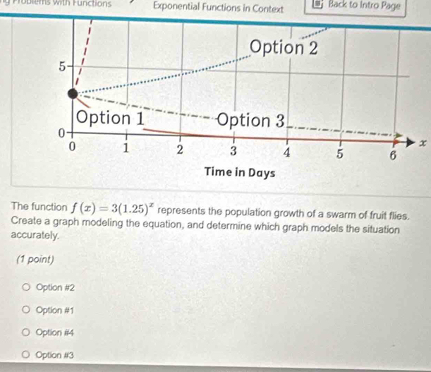 Problems with Functions Exponential Functions in Context Back to Intro Page
x
The function f(x)=3(1.25)^x represents the population growth of a swarm of fruit flies.
Create a graph modeling the equation, and determine which graph models the situation
accurately.
(1 point)
Option #2
Option #1
Option #4
Option #3