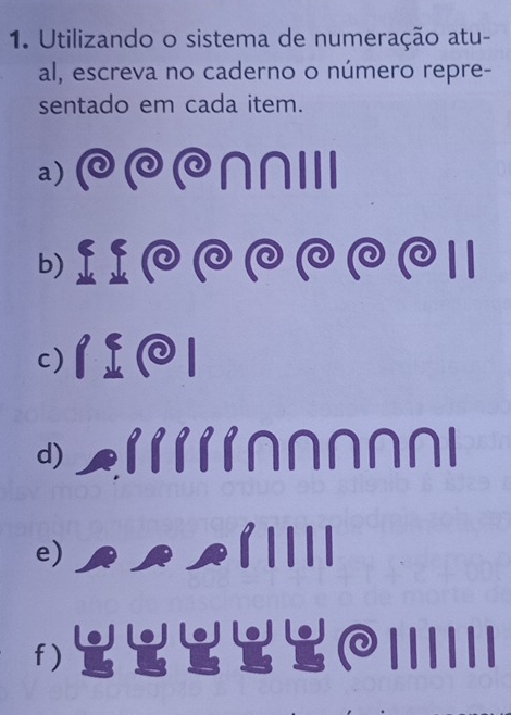 Utilizando o sistema de numeração atu- 
al, escreva no caderno o número repre- 
sentado em cada item. 
a) ∩∩II
b) ~ ~ । 
c) 
d)
∩ ∩ ∩ N N
e) 
f )