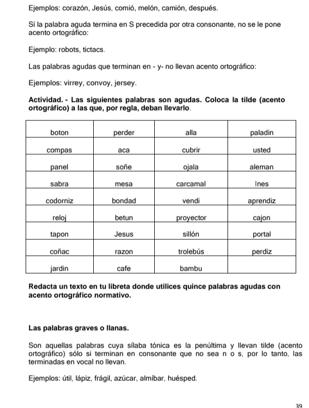 Ejemplos: corazón, Jesús, comió, melón, camión, después. 
Sí la palabra aguda termina en S precedida por otra consonante, no se le pone 
acento ortográfico: 
Ejemplo: robots, tictacs. 
Las palabras agudas que terminan en - y- no llevan acento ortográfico: 
Ejemplos: virrey, convoy, jersey. 
Actividad. - Las siguientes palabras son agudas. Coloca la tilde (acento 
ortográfico) a las que, por regla, deban Ilevarlo. 
Redacta un texto en tu libreta donde utilices quince palabras agudas con 
acento ortográfico normativo. 
Las palabras graves o llanas. 
Son aquellas palabras cuya sílaba tónica es la penúltima y Ilevan tilde (acento 
ortográfico) sólo si terminan en consonante que no sea n o s, por lo tanto, las 
terminadas en vocal no llevan. 
Ejemplos: útil, lápiz, frágil, azúcar, almíbar, huésped. 
39