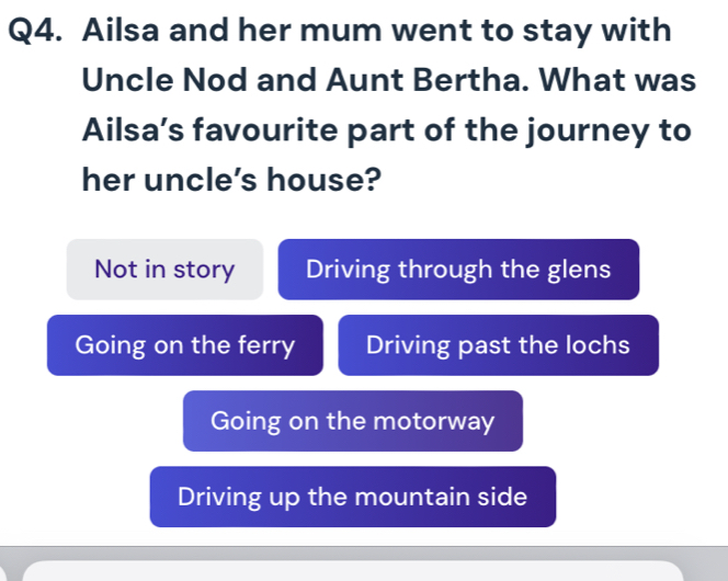 Ailsa and her mum went to stay with
Uncle Nod and Aunt Bertha. What was
Ailsa’s favourite part of the journey to
her uncle’s house?
Not in story Driving through the glens
Going on the ferry Driving past the lochs
Going on the motorway
Driving up the mountain side