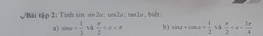 VBài tập 2: Tính sin sin 2a:cos 2a:tan 2a , biết: 
a) sin alpha = 1/3  và  π /2  b) sin a+cos a= 1/2  và  π /2 