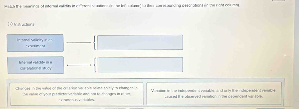 Match the meanings of internal validity in different situations (in the left column) to their corresponding descriptions (in the right column).
Instructions
Internal validity in an
experiment
Internal validity in a
correlational study
Changes in the value of the criterion variable relate solely to changes in Variation in the independent variable, and only the independent variable,
the value of your predictor variable and not to changes in other, caused the observed variation in the dependent variable.
extraneous variables.