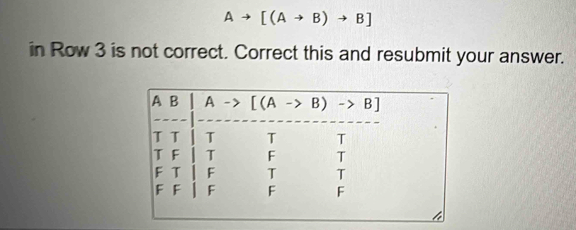 Ato [(Ato B)to B]
in Row 3 is not correct. Correct this and resubmit your answer.