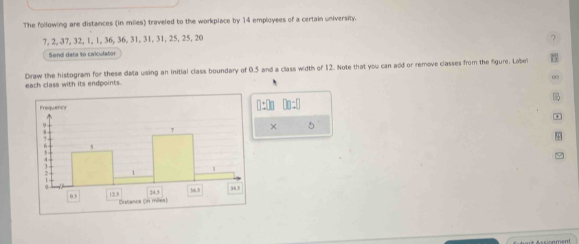 The following are distances (in miles) traveled to the workplace by 14 employees of a certain university.
7, 2, 37, 32, 1, 1, 36, 36, 31, 31, 31, 25, 25, 20 ? 
Send data to calculator 
Draw the histogram for these data using an initial class boundary of 0.5 and a class width of 12. Note that you can add or remove classes from the figure. Label 
each class with its endpoints.
□° □ □ =□
×