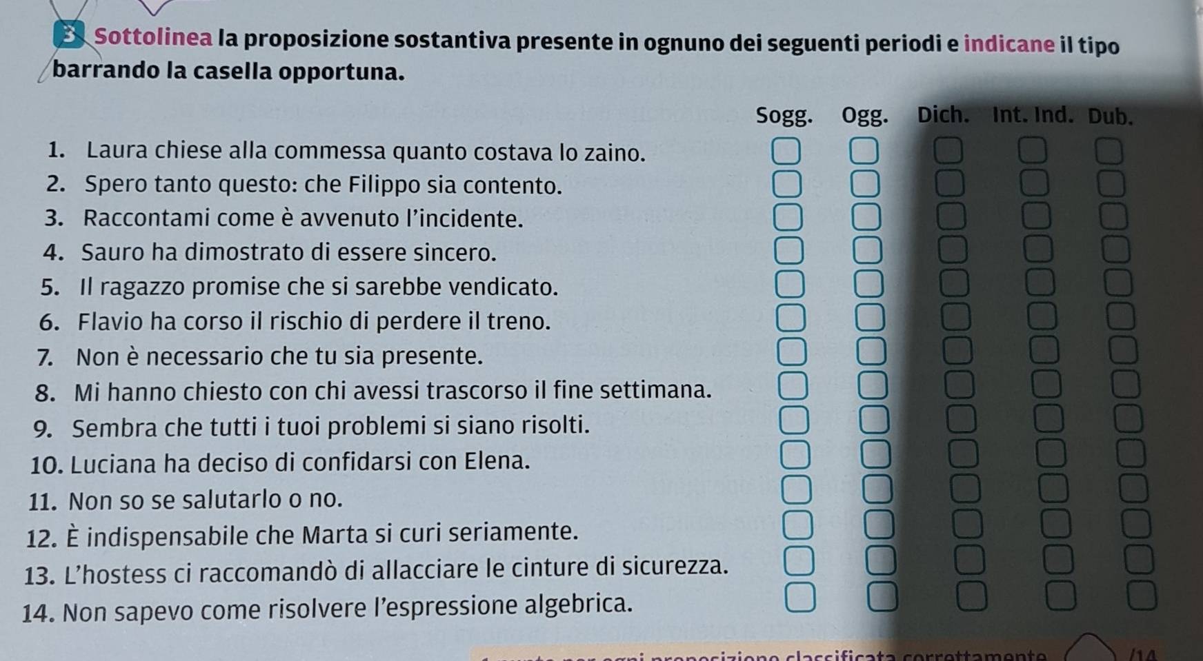 Sottolinea la proposizione sostantiva presente in ognuno dei seguenti periodi e indicane il tipo 
barrando la casella opportuna. 
Sogg. Ogg. Dich. Int. Ind. Dub. 
1. Laura chiese alla commessa quanto costava lo zaino. 
2. Spero tanto questo: che Filippo sia contento. 
3. Raccontami come è avvenuto l’incidente. 
4. Sauro ha dimostrato di essere sincero. 
5. Il ragazzo promise che si sarebbe vendicato. 
6. Flavio ha corso il rischio di perdere il treno. 
7. Non è necessario che tu sia presente. 
8. Mi hanno chiesto con chi avessi trascorso il fine settimana. 
9. Sembra che tutti i tuoi problemi si siano risolti. 
10. Luciana ha deciso di confidarsi con Elena. 
11. Non so se salutarlo o no. 
12. È indispensabile che Marta si curi seriamente. 
13. L’hostess ci raccomandò di allacciare le cinture di sicurezza. 
14. Non sapevo come risolvere l’espressione algebrica.