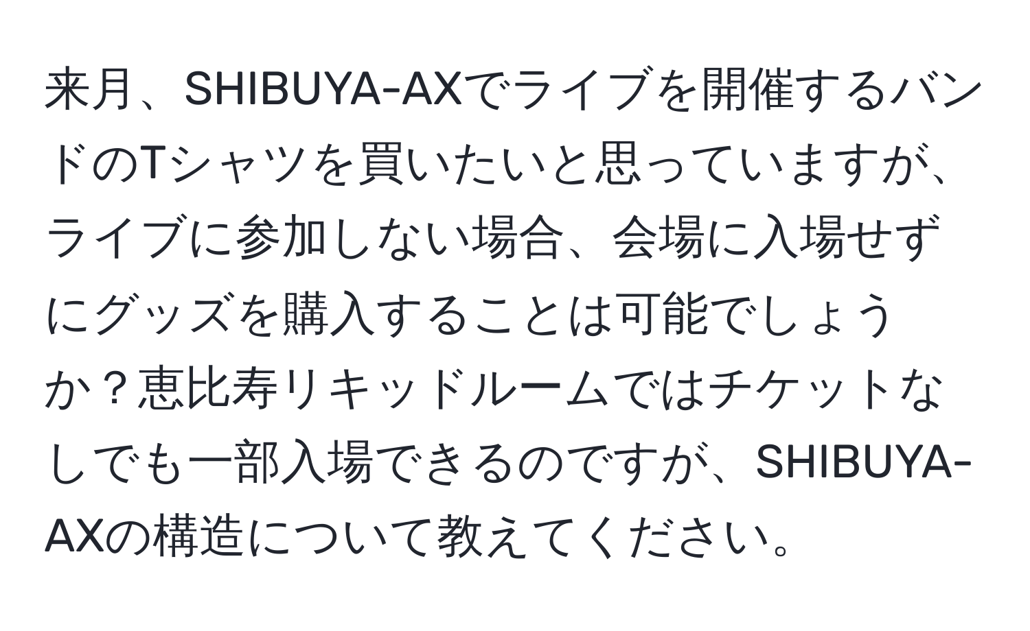 来月、SHIBUYA-AXでライブを開催するバンドのTシャツを買いたいと思っていますが、ライブに参加しない場合、会場に入場せずにグッズを購入することは可能でしょうか？恵比寿リキッドルームではチケットなしでも一部入場できるのですが、SHIBUYA-AXの構造について教えてください。