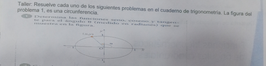 Taller: Resuelve cada uno de los siguientes problemas en el cuaderno de trigonometría. La figura del 
problema 1, es una circunferencia. 
1 Determina las funciones seno, coseno y tangen- 
te para el ángulo θ (medido en radianes) que se 
muestra en la figura.