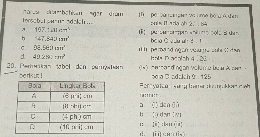 harus ditambahkan agar drum (i) perbandingan volume bola A dan
tersebut penuh adalah .... bola B adalah 27:64
a. 197.120cm^3 (ii) perbandingan volume bola B dan
b. 147.840cm^3 bola C adalah 8:1
C. 98.560cm^3 (iii) perbandingan volume bola C dan
d. 49.280cm^3 bola D adalah 4:25
20. Perhatikan tabel dan pernyataan (iv) perbandingan volume bola A dan 
berikut ! bola D adalah 9:125
Pernyataan yang benar ditunjukkan oleh
nomor ....
a. (i) dan (ii)
b. (i) dan (iv)
c. (ii) dan (iii)
d. (iii) dan (iv)