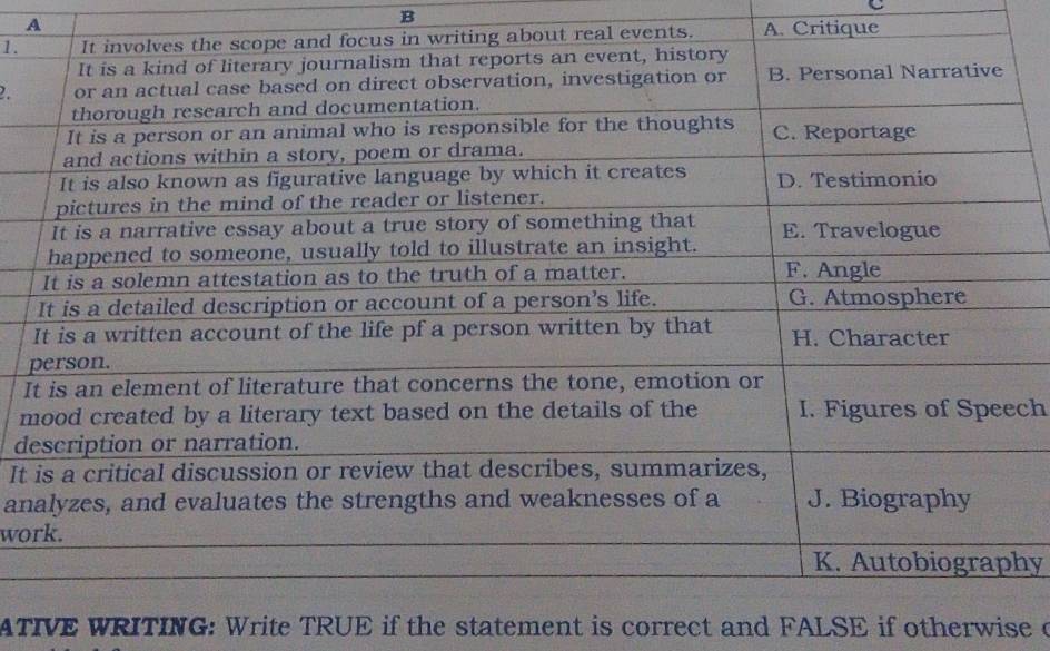 A 
B 
1.al events. A. Critique 
2. 
I 
mch 
d 
It 
an 
wo 
hy 
ATIVE WRITING: Write TRUE if the statement is correct and FALSE if otherwise o