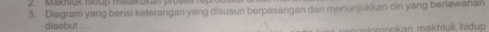 Makhluk Kiðup malakukan proses 
3. Diagram yang berisi keterangan yang disusun berpasangan dan menunjukkan ciri yang beriawanan 
disebut .... 
ag elompokan makhluk hidup .