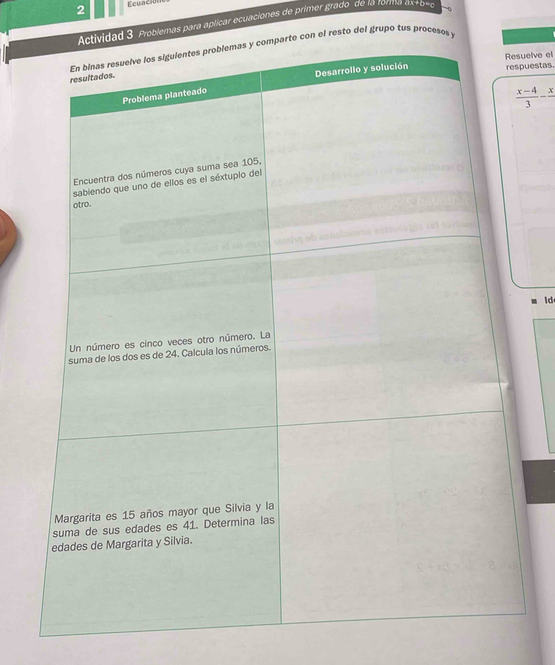 Ecuacio 
Problemas para aplicar ecuaciones de primer grado de la forma ax+b= a
l resto del grupo tus procesos 
uelve el 
puestas.
 (x-4)/3 -frac x
Id