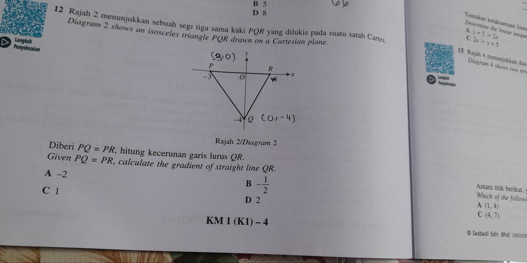 B 5
D 8
Tentukan ketaksamaan line:
12 Rajah 2 menunjukkan sebuah segi tiga sama kaki PQR yang dilukis pada suatu satah Cartes
Determine the linear inequ
、 y+5>2x
Diagram 2 shows an isosceles triangle PQR drawn on a Cartesian plane.
Langkah
> Penyelesaian
2x>y+5
15 Rajah 4 menunjukkan dua
Diagram 4 shows two str
Langiah
Pesyelesaían
Rajah 2/Diagram 2
Diberi PQ=PR , hitung kecerunan garis lurus QR.
Given PQ=PR , calculate the gradient of straight line QR.
A -2 B - 1/2 
C 1
Antara titik berikut,
D 2
Which of the follow
A(1,4)
C(4,7)
KM 1 (K1) - 4
© Sasbadi Sdn. Bhd. 1985010