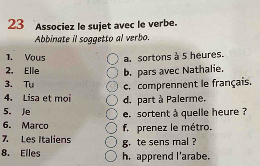 Associez le sujet avec le verbe.
Abbinate il soggetto al verbo.
1. Vous a. sortons à 5 heures.
2. Elle b. pars avec Nathalie.
3. Tu
c. comprennent le français.
4. Lisa et moi
d. part à Palerme.
5. Je
e. sortent à quelle heure ?
6. Marco f. prenez le métro.
7. Les Italiens g. te sens mal ?
8. Elles h. apprend I’arabe.