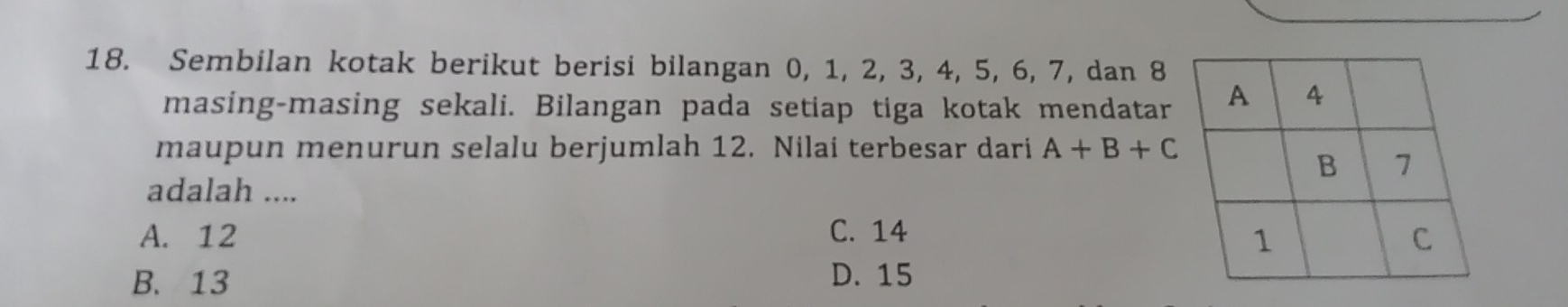 Sembilan kotak berikut berisi bilangan 0, 1, 2, 3, 4, 5, 6, 7, dan 8
masing-masing sekali. Bilangan pada setiap tiga kotak mendatar
maupun menurun selalu berjumlah 12. Nilai terbesar dari A+B+C
adalah ....
A. 12 C. 14
B. 13 D. 15