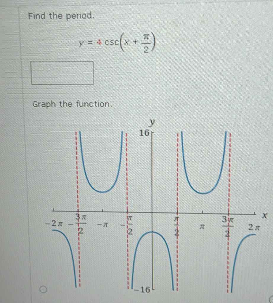 Find the period.
y=4csc (x+ π /2 )
Graph the function.
x