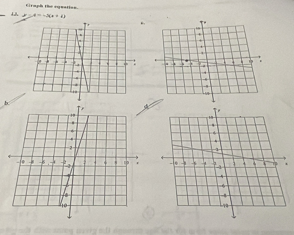 Graph the equation. 
_13. y-4=-5(x+1)
c. 
b