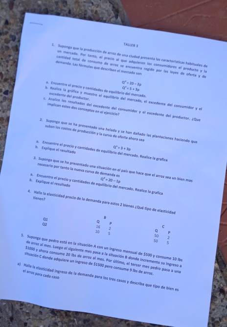 TALLER 3
3. Suponga que la producción de arroz de una ciudad presenta las características habituales de
un mercado. Por tanto, el precio al que adquieren los consumídores el producto y la
cantidad total de consumo de arroz se encuentra regido por las leyes de oferta y de
demanda. Las fórmulas que describen el mercado son
Q^d=20-2p
Q°=5+3p
a. Encuentre el precio y cantidades de equilibrio del mercado.
excedente del productor.
b. Realice la gráfica y muestre el equilibrio del mercado, el excedente del consumidor y el
Implican estos dos conceptos en el ejercicio?
c. Analice los resultados del excedente del consumidor y el excedente del productor. ¿Que
2. Suponga que se ha presentado una helada y se han dañado las plantaciones haciendo que
suban los costos de producción y la curva de oferta ahora sea
b. Explique el resultado
Q^2=3+3p
a. Encuentre el precio y cantidades de equilibrio del mercado. Realice la grafica
3. Suponga que se ha presentado una situación en el país que hace que el arroz sea un bien mas
necesario por tanto la nueva curva de demanda es
Q^0=20-1p
b. Expiique el resultado
a. Encuentre el precio y cantidades de equilibrio del mercado. Realice la grafica
tienen?
4. Halle la elasticidad precio de la demanda para estos 2 bienes ¿Qué tipo de elasticidad
。
Q1 Q p C
Q2  : Q P
10
50 2
50
5
S. Suponga que pedro está en la situación A con un ingreso mensual de $500 y consume 10 Ibs
de arroz al mes. Luego el siguiente mes pasa a la situación B donde incremento su ingreso a
$1000 y ahora consume 20 lbs de arroz al mes. Por último, el tercer mes pedro pasa a una
situación C donde adquiere un ingreso de $1500 pero consume 9 lbs de arroz
el arroz para cada caso
a) Halle la elasticidad ingreso de la demanda para los tres casos y describa que típo de bien es