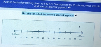 Audrina finished practicing piano at 4:40 p.m. She practiced for 25 minutes. What time did 
Audrina start practicing piano? 
Plot the time Audrina started practicing piano.