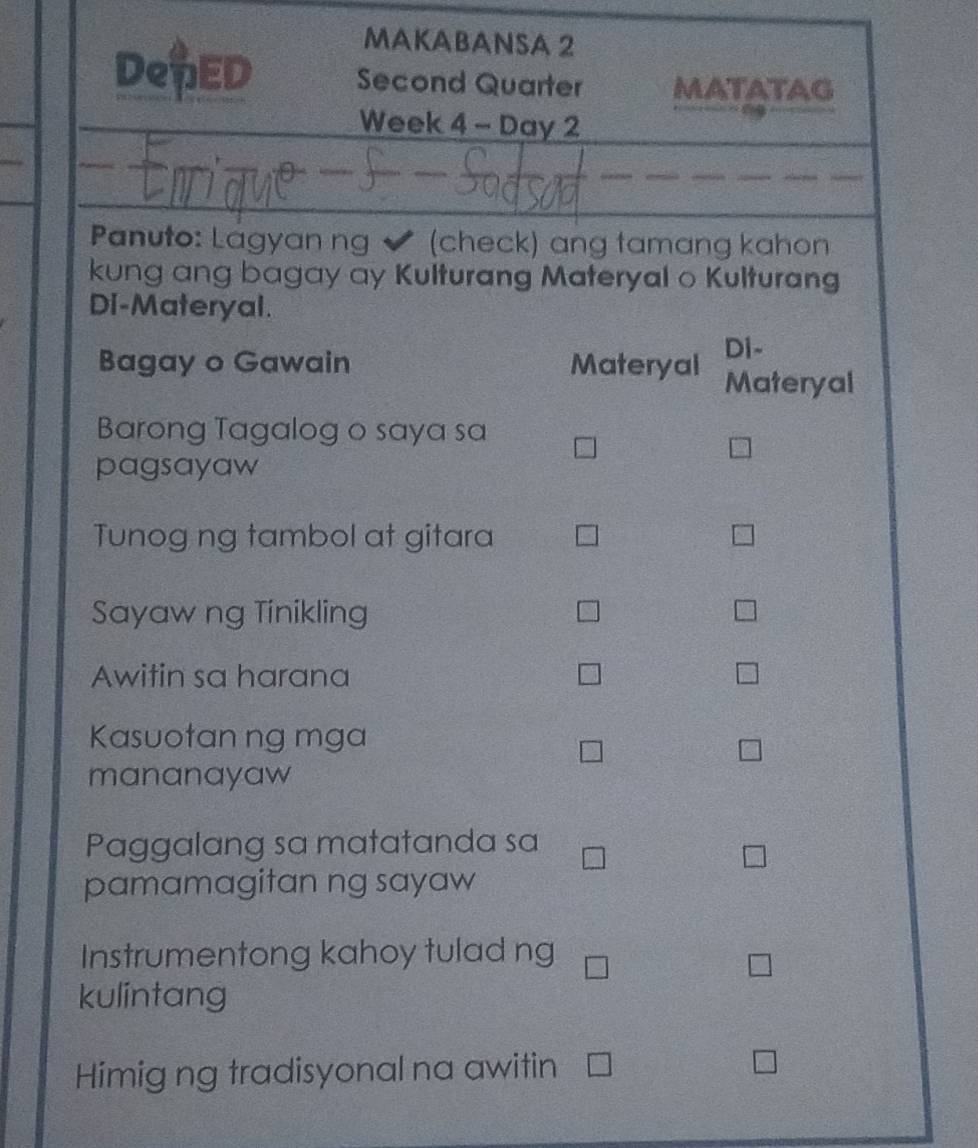 Solved: MAKABANSA 2 DepED Second Quarter MATATAG Week 4 - Day 2 Panuto ...