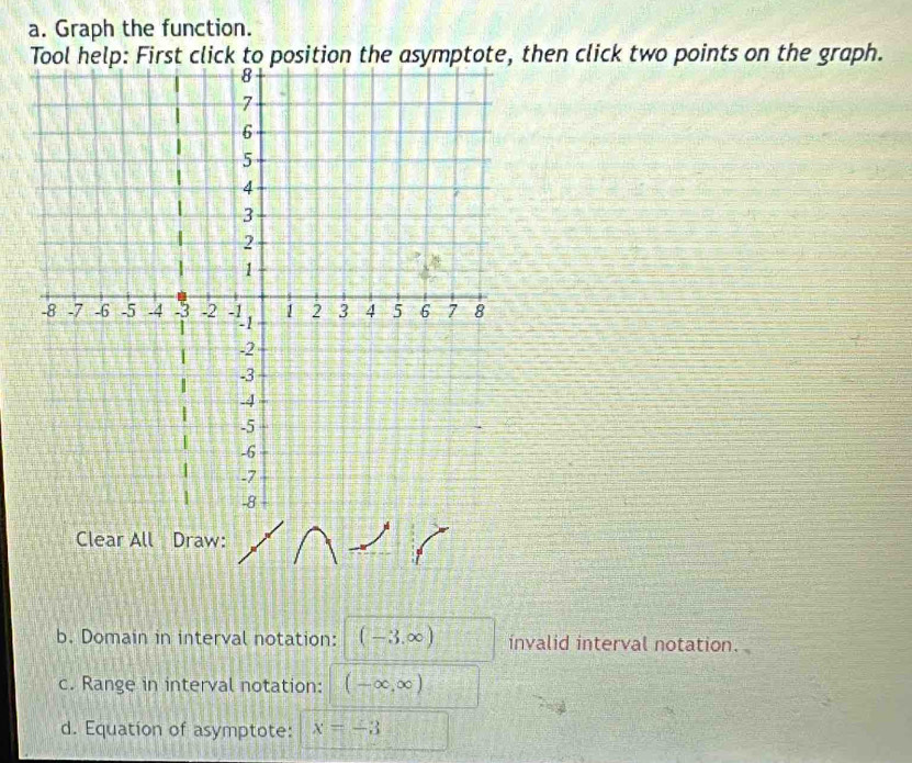 Graph the function. 
Tool help: First click to position the asymptote, then click two points on the graph. 
Clear All Draw: 
b. Domain in interval notation: (-3,∈fty ) invalid interval notation. 
c. Range in interval notation: (-∈fty ,∈fty )
d. Equation of asymptote: x=-3