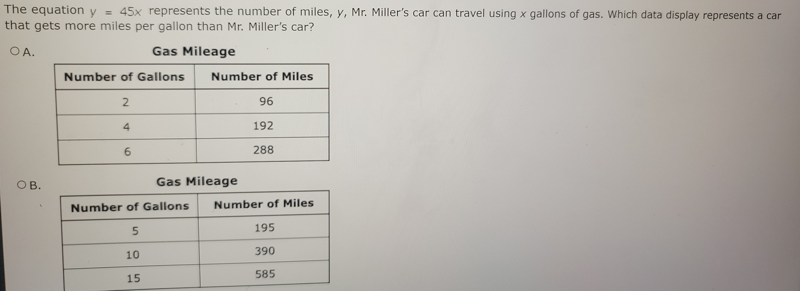 The equation y=45x represents the number of miles, y, Mr. Miller’s car can travel using x gallons of gas. Which data display represents a car
that gets more miles per gallon than Mr. Miller's car?
A. Gas Mileage
B
Gas Mileage