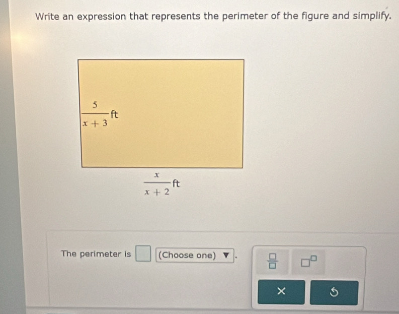 Write an expression that represents the perimeter of the figure and simplify.
The perimeter is □ (Choose one)  □ /□   □^(□)
×