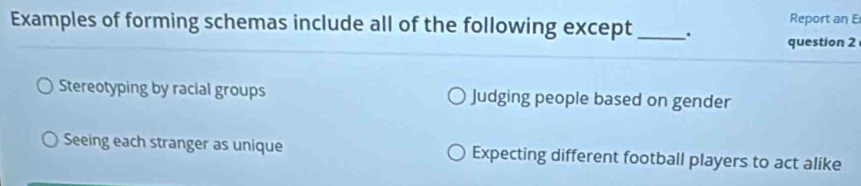 Examples of forming schemas include all of the following except_ . Report an E
question 2
Stereotyping by racial groups Judging people based on gender
Seeing each stranger as unique Expecting different football players to act alike