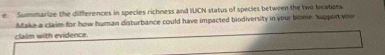 Summarize the differences in species richness and IUCN status of species between the two lecations 
Make a claim for how human disturbance could have impacted biodiversity in your biome. Support your 
claim with evidence.