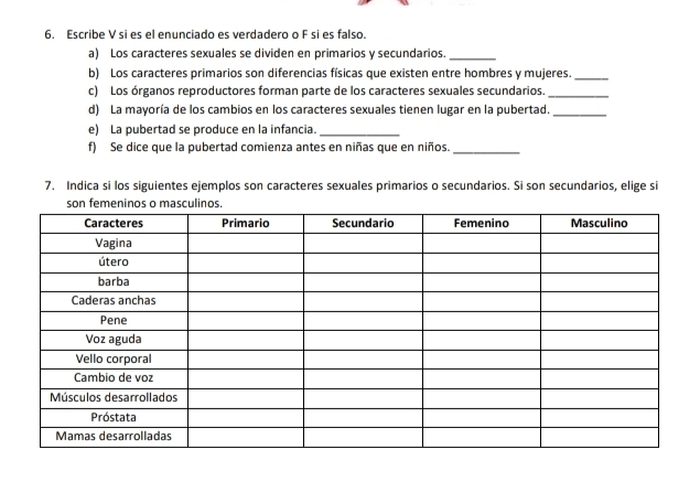 Escribe V si es el enunciado es verdadero o F si es falso. 
a) Los caracteres sexuales se dividen en primarios y secundarios._ 
b) Los caracteres primarios son diferencias físicas que existen entre hombres y mujeres._ 
c) Los órganos reproductores forman parte de los caracteres sexuales secundarios._ 
d) La mayoría de los cambios en los caracteres sexuales tienen lugar en la pubertad._ 
e) La pubertad se produce en la infancia._ 
f) Se dice que la pubertad comienza antes en niñas que en niños._ 
7. Indica si los siguientes ejemplos son caracteres sexuales primarios o secundarios. Si son secundarios, elige si