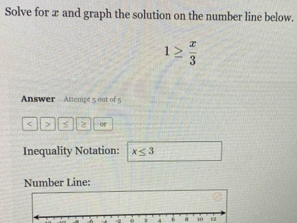 Solve for x and graph the solution on the number line below.
1≥  x/3 
Answer - Attempt 5 out of 5 
< > > or 
Inequality Notation: x≤ 3
Number Line: 
^ - 2 o 2 4 6 8 1012