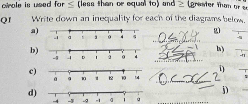 circle is used for ≤ (less than or equal to) and ≥ (greater than or e 
Q1 Write down an inequality for each of the diagrams below, 
a) 
g) 
_ 
_
-3
b) 
h)_ 
_
-17
c) 
i) 
_ 
_ 
2 
d 
j)
-4 -3 -2