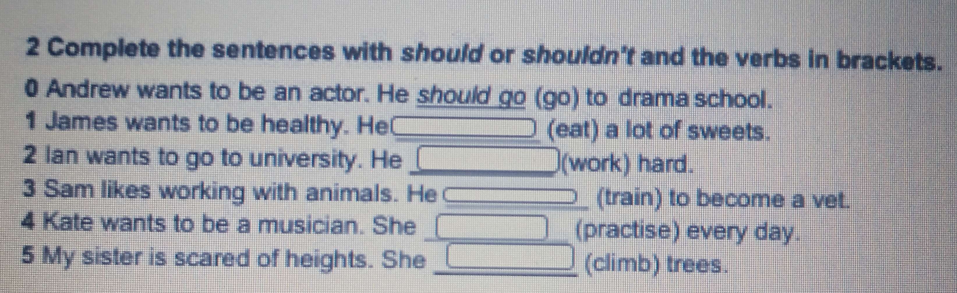 Complete the sentences with should or shouldn't and the verbs in brackets. 
0 Andrew wants to be an actor. He should go (go) to drama school. 
1 James wants to be healthy. He _(eat) a lot of sweets. 
2 Ian wants to go to university. He _(work) hard. 
3 Sam likes working with animals. He _(train) to become a vet. 
4 Kate wants to be a musician. She _(practise) every day. 
5 My sister is scared of heights. She _(climb) trees.