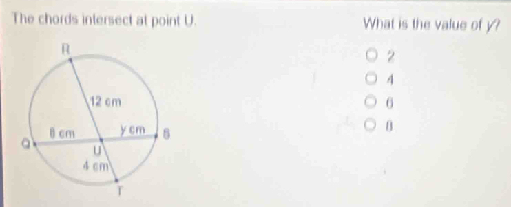 The chords intersect at point U. What is the value of y?
2
4
6
B