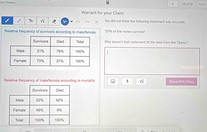 ison Thrower 13 of 13 Next
52% of the males survived' 
Why doesn't that statement fit the data from the Titanic? 
Relative frequency of male/female according to mortality sqrt(± ) Share With Class
