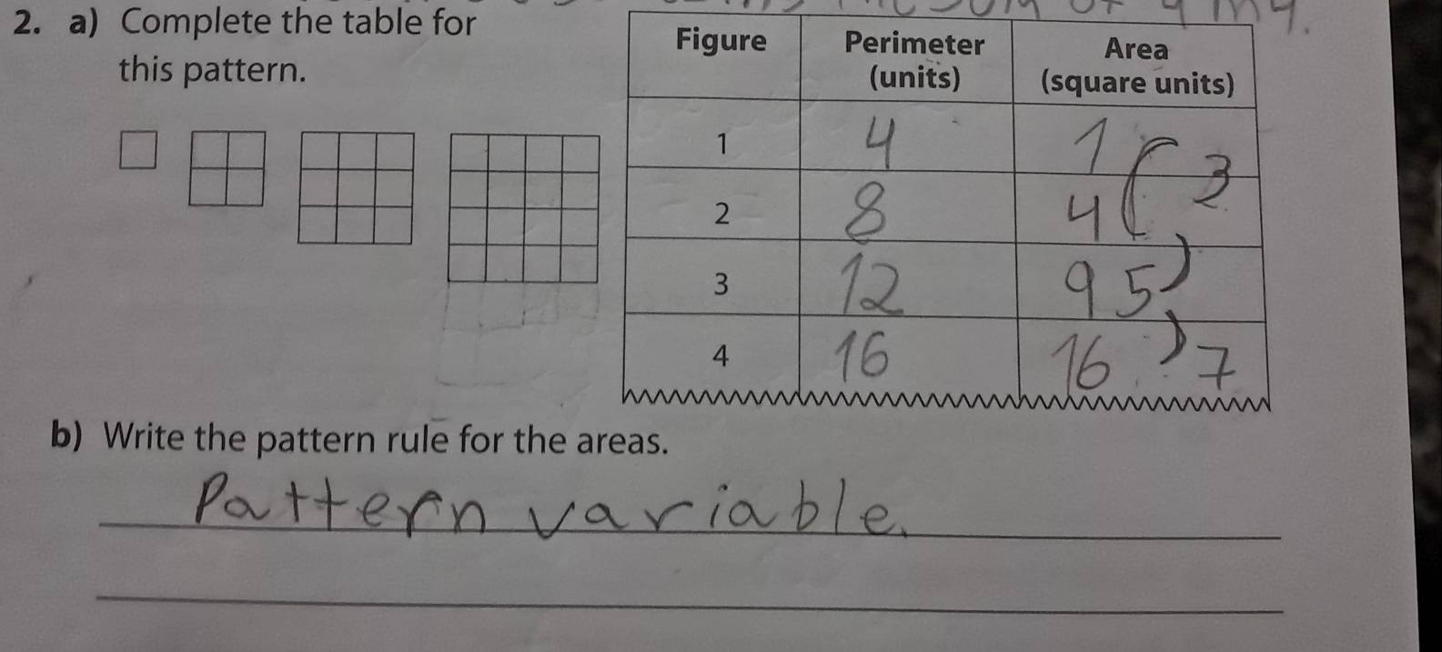 Complete the table for 
this pattern. 
b) Write the pattern rule for the areas. 
_ 
_