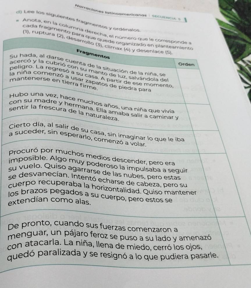 Narraciones latinoamericanas | SECUENCI s 
d) Lee los siguientes fragmentos y ordénalos 
* Anota, en la columna dere 
cada fragmento 
(1), rupt 
S 
a 
p 
l 
m 
H 
c 
s 
C 
a 
P 
i 
s 
s 
c 
l 
e 
D 
m 
c 
q