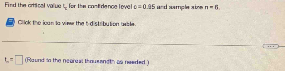 Find the critical value t_c for the confidence level c=0.95 and sample size n=6. 
I Click the icon to view the t-distribution table.
t_c=□ (Round to the nearest thousandth as needed.)