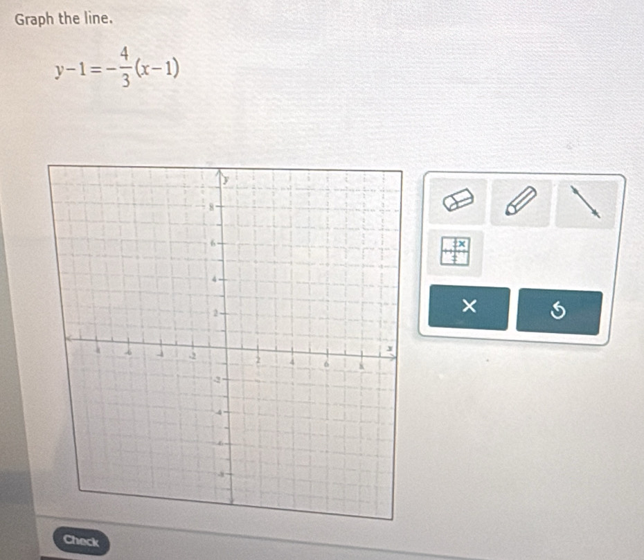 Graph the line.
y-1=- 4/3 (x-1)
× 
Check