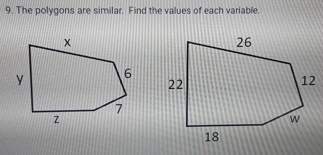 The polygons are similar. Find the values of each variable.