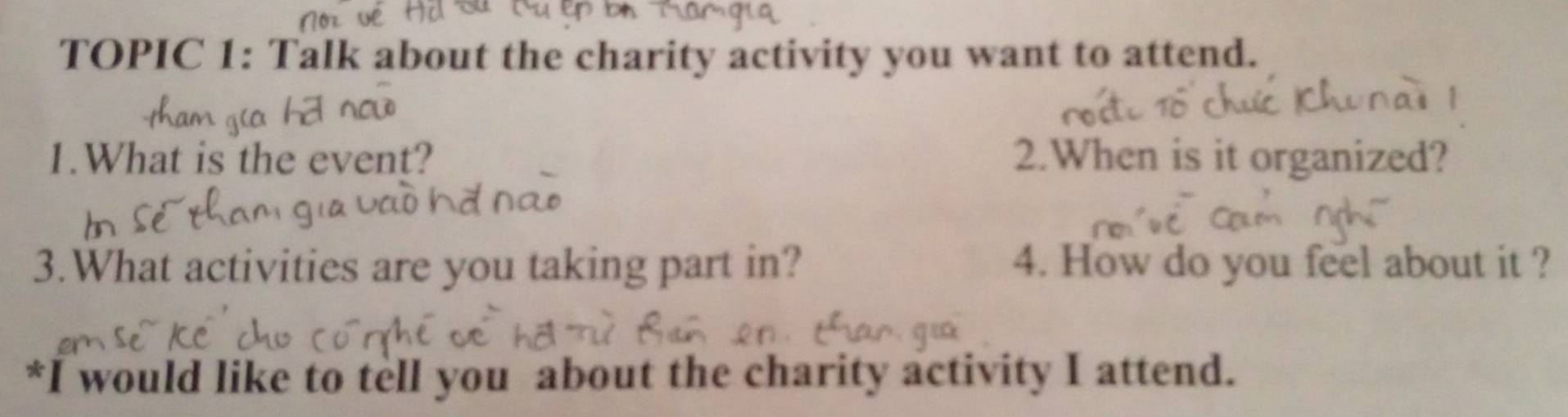 TOPIC 1: Talk about the charity activity you want to attend. 
1.What is the event? 2.When is it organized? 
3.What activities are you taking part in? 4. How do you feel about it ? 
*I would like to tell you about the charity activity I attend.