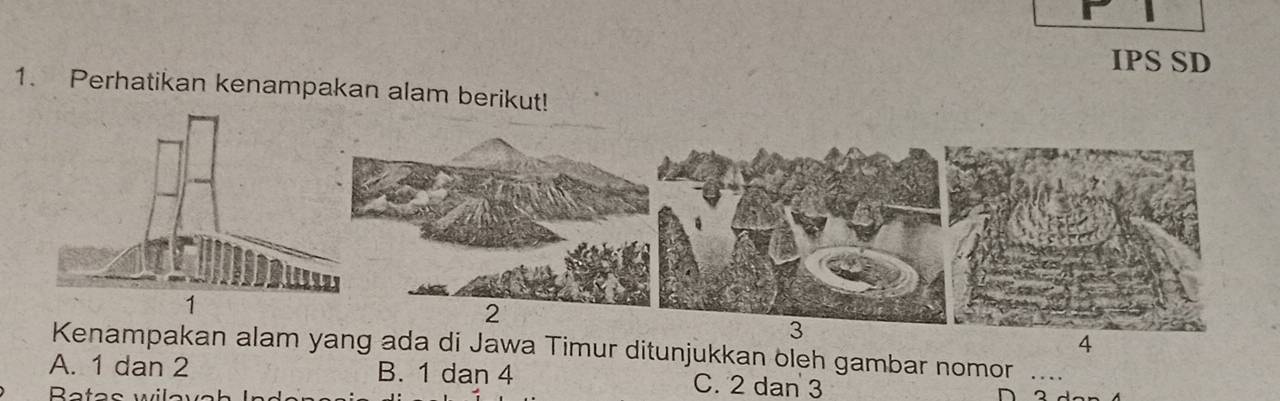 IPS SD
1. Perhatikan kenampakan alam berikut!
3
4
Kenampakan alam yang ada di Jawa Timur ditunjukkan oleh gambar nomor ....
A. 1 dan 2 B. 1 dan 4 C. 2 dan 3